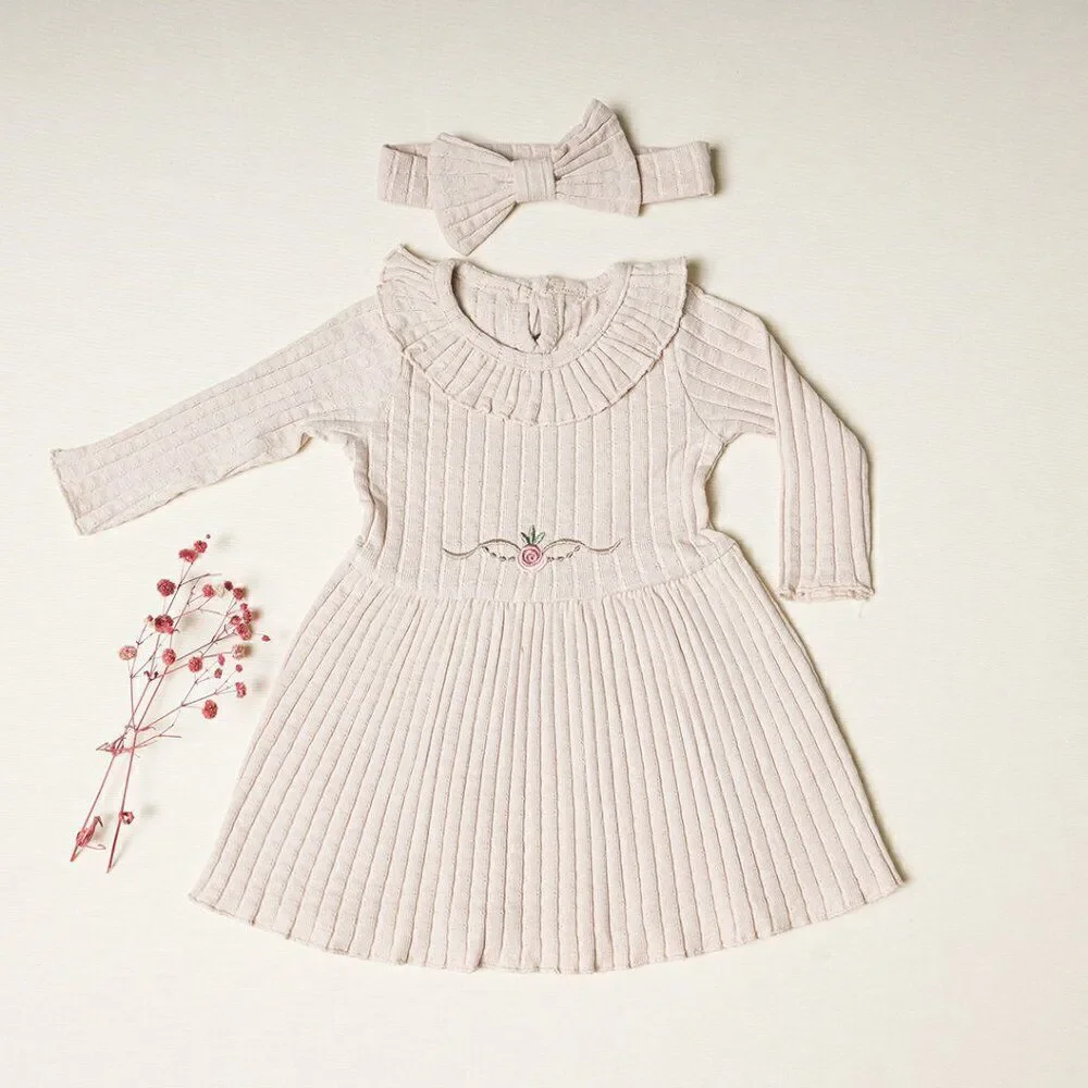 Organic Cotton Baby Girl Knit Ribbed Dress Outfit, Soft light Flower Clo…